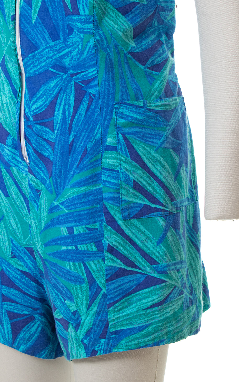 1960s Tropical Leaf Print Blue Cotton Romper