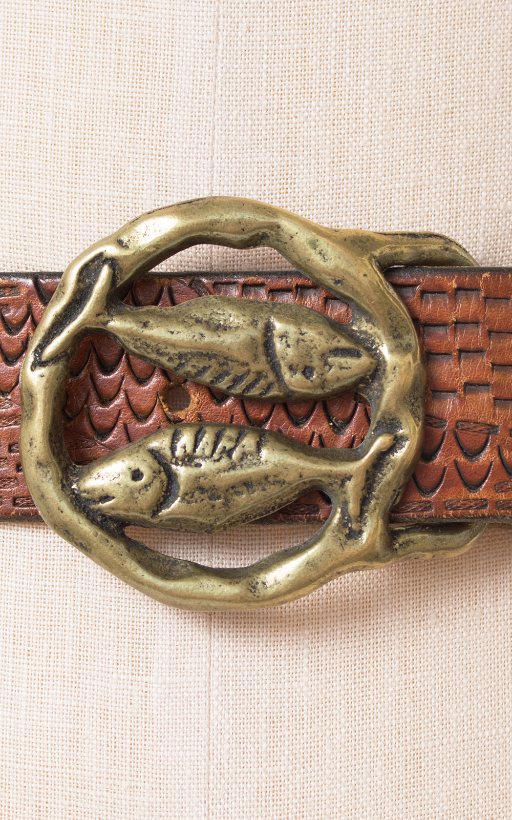 1970s Pisces Astrology Tooled Leather & Brass Belt