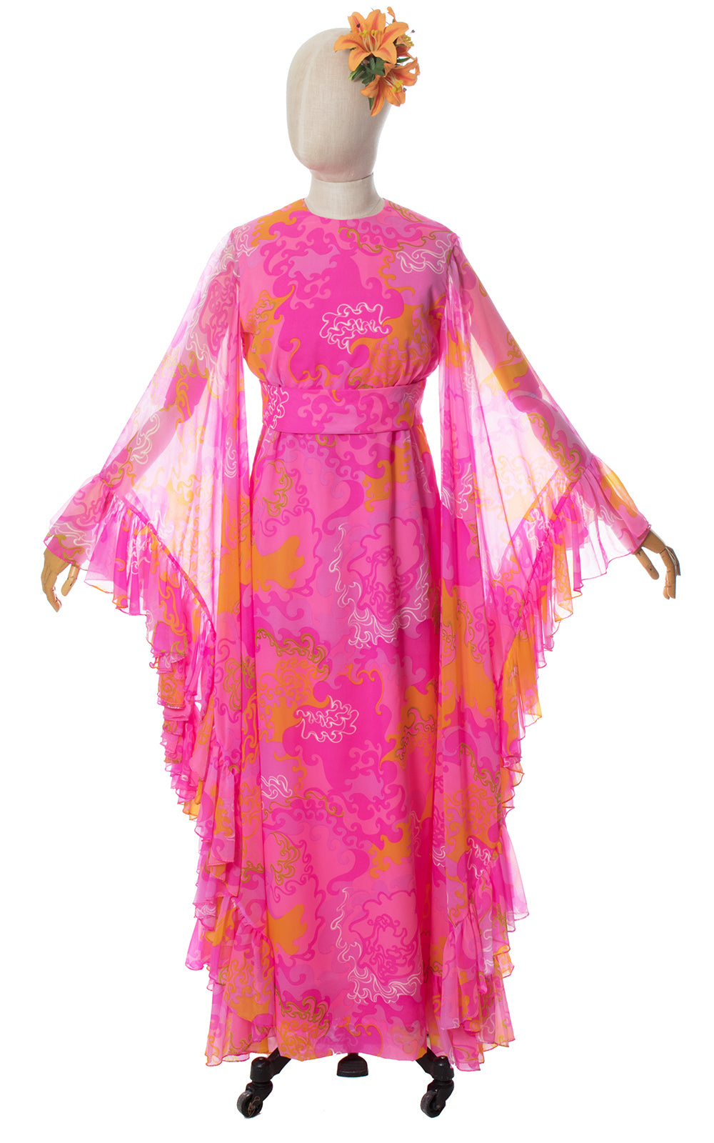 1960s Psychedelic Chiffon Ruffled Angel Sleeve Maxi Dress