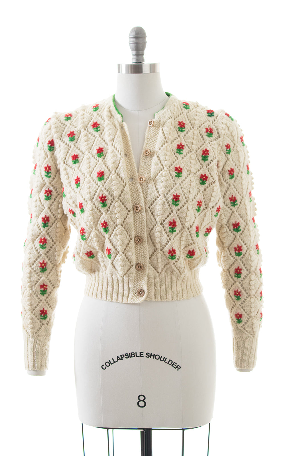 1940s 1950s LANZ Floral Popcorn Knit Wool Cropped Cardigan