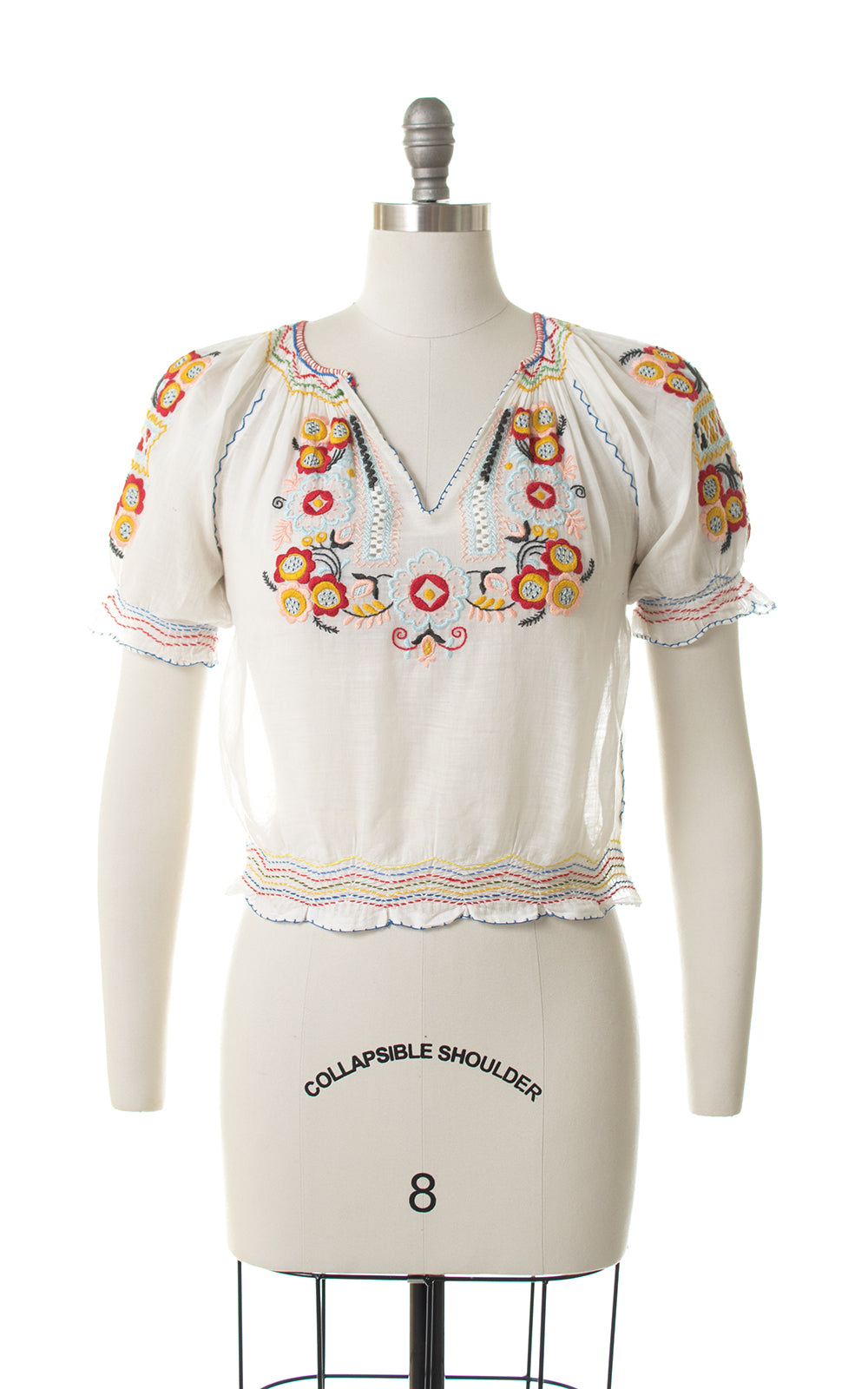 1930s Floral Embroidered Sheer Peasant Top