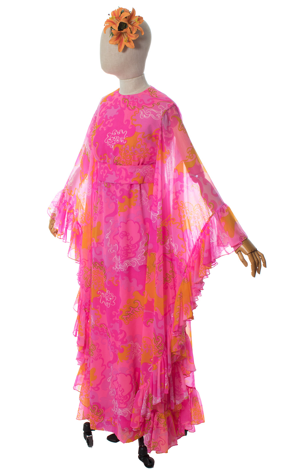 1960s Psychedelic Chiffon Ruffled Angel Sleeve Maxi Dress