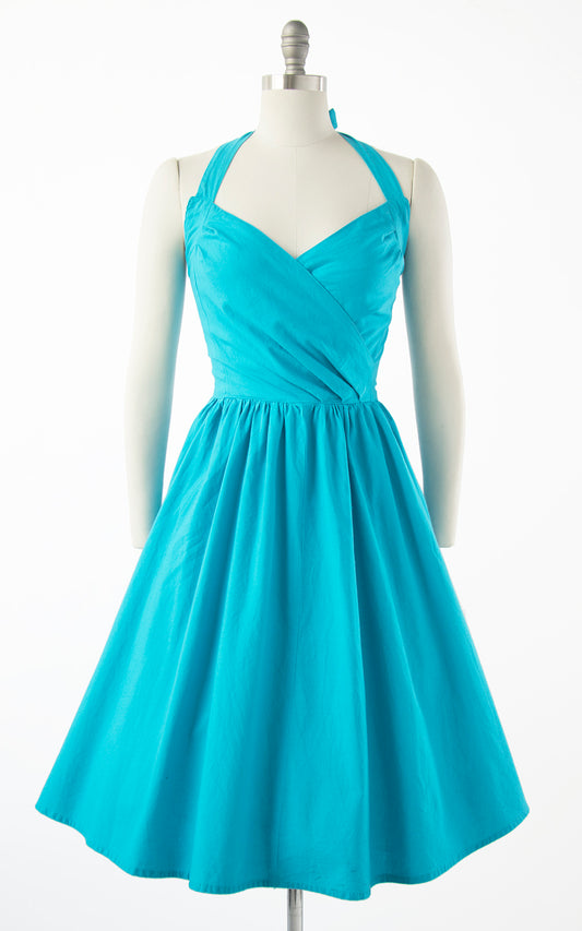 1990s does 50s Turquoise Halter Button Back Sundress | small