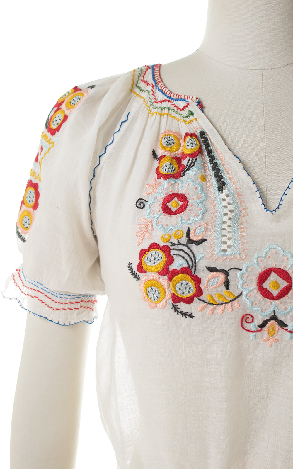 1930s Floral Embroidered Sheer Peasant Top