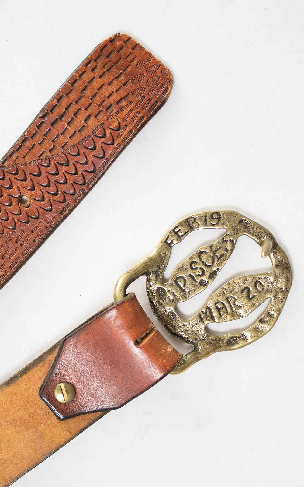 1970s Pisces Astrology Tooled Leather & Brass Belt
