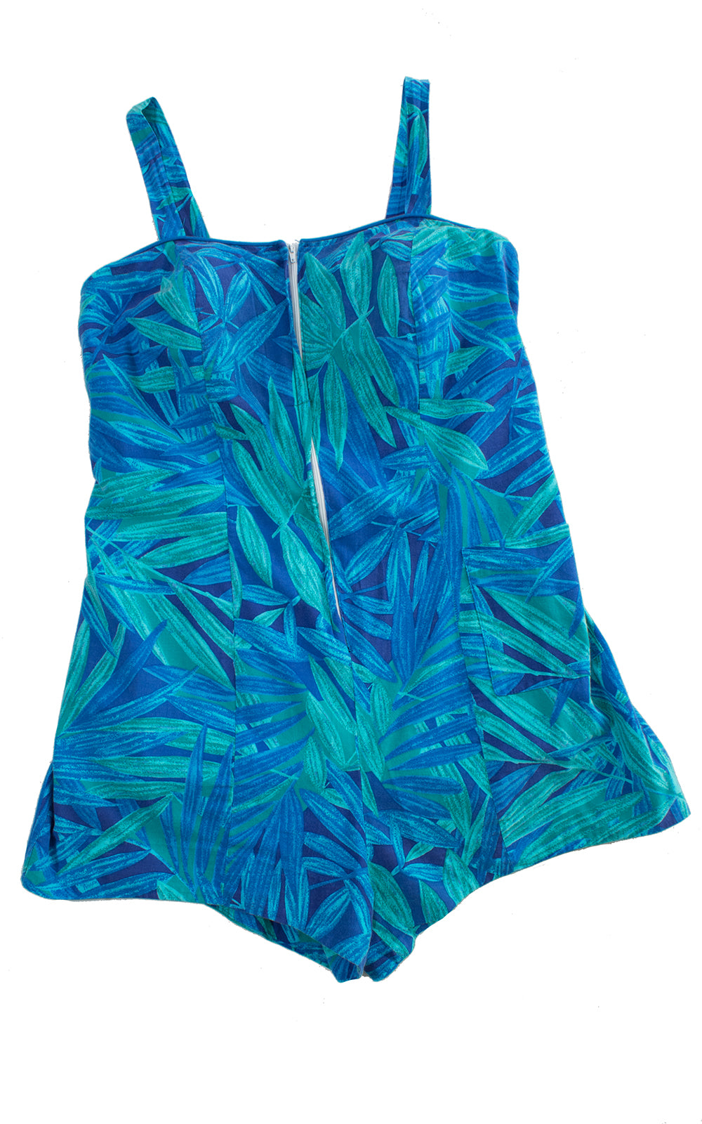 1960s Tropical Leaf Print Blue Cotton Romper