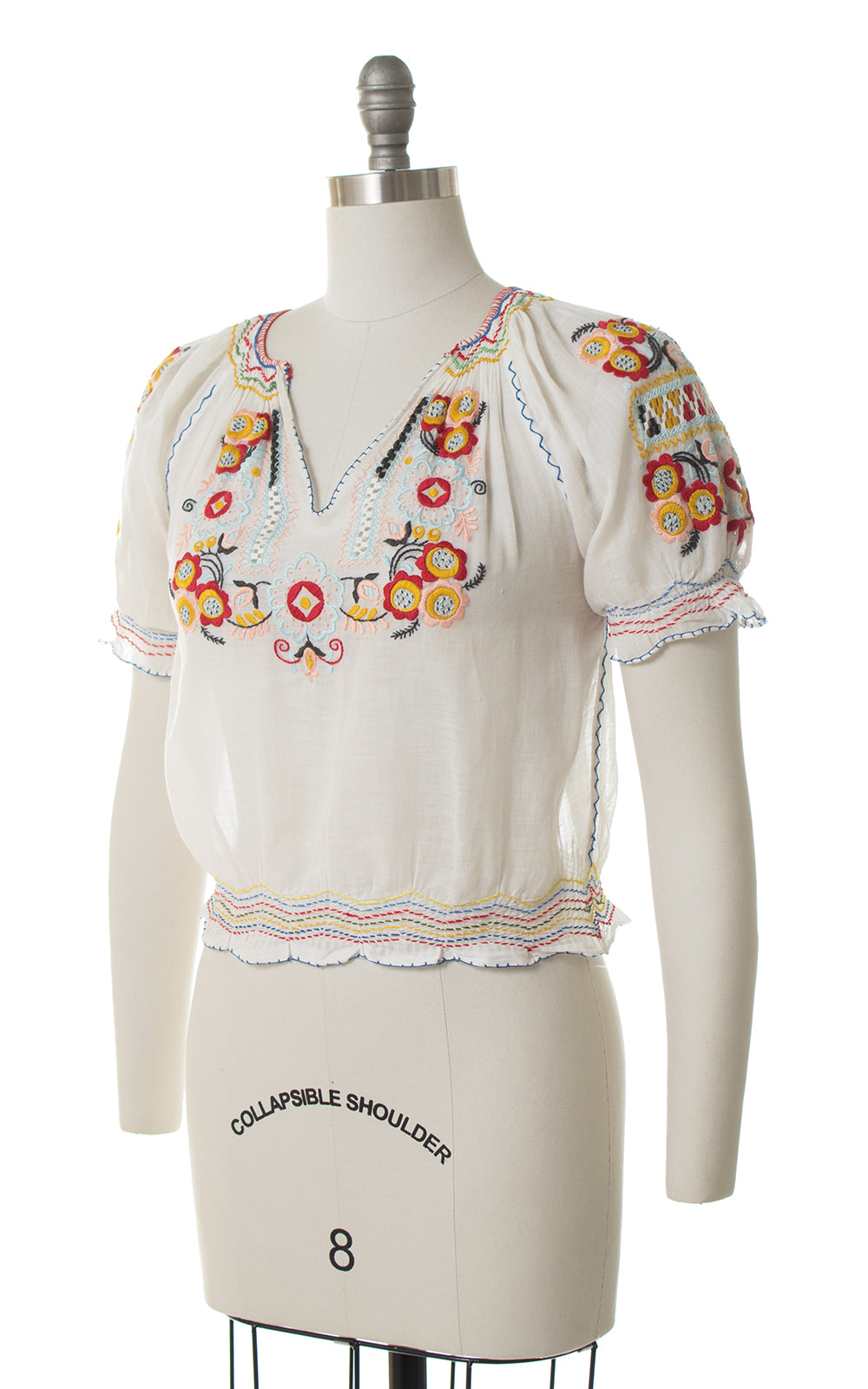 1930s Floral Embroidered Sheer Peasant Top