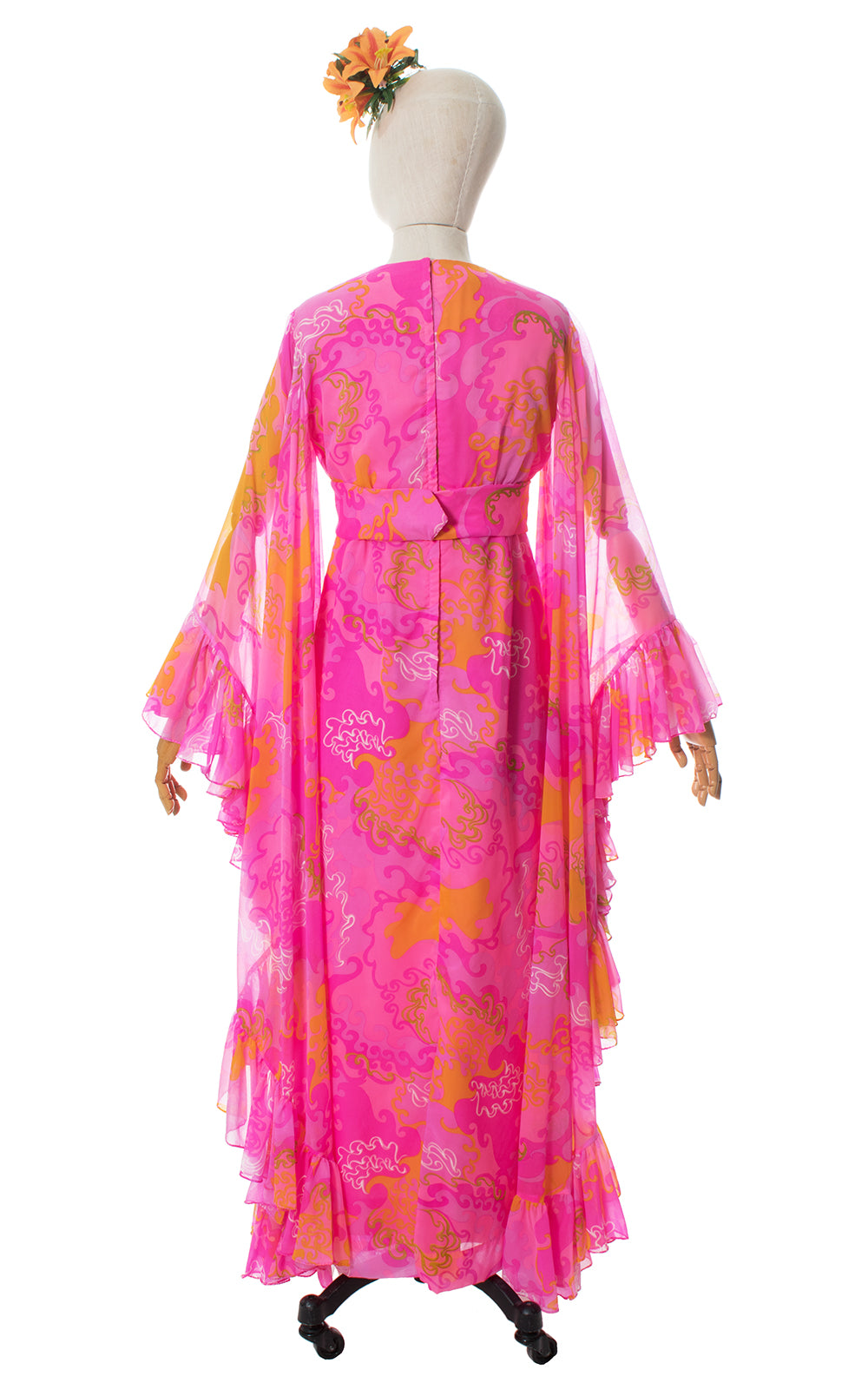 1960s Psychedelic Chiffon Ruffled Angel Sleeve Maxi Dress