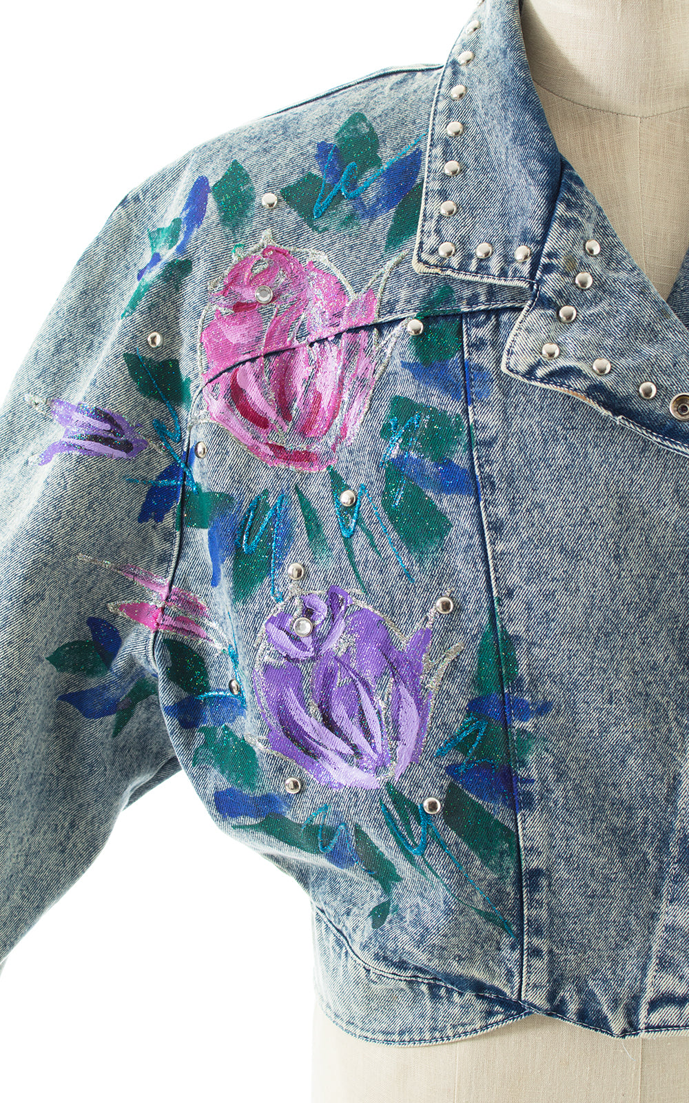 1990s Hand-Painted Glitter Roses Studded Jean Jacket BirthdayLifeVintage