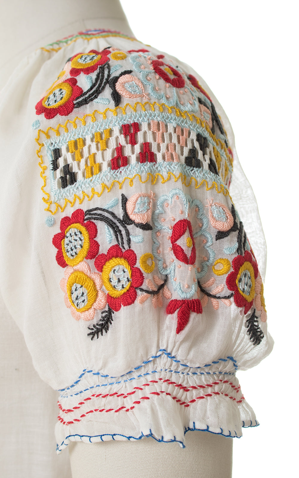 1930s Floral Embroidered Sheer Peasant Top