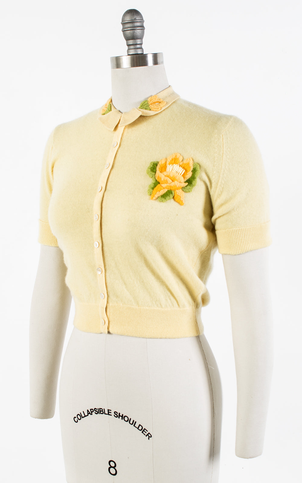 1950s Floral Appliqué Cashmere Knit Yellow Cardigan Top | x-small/small/medium