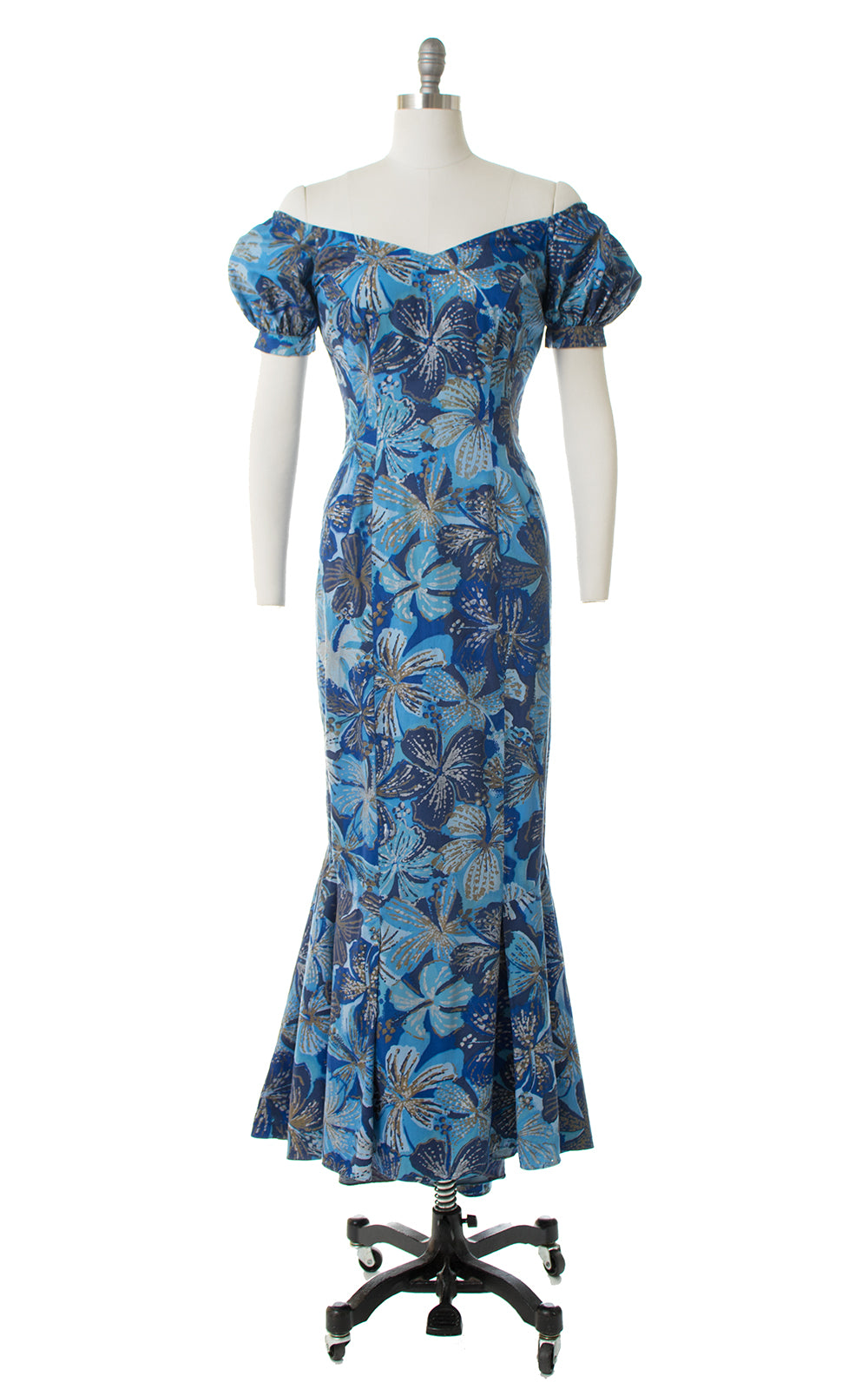 1950s Shaheen Metallic Floral Mermaid Maxi Dress