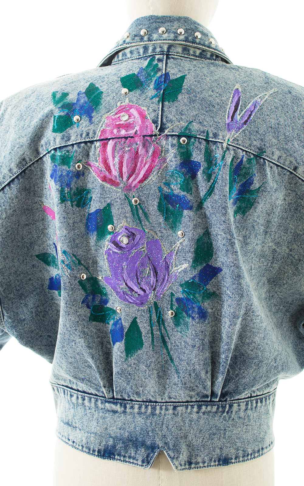 1990s Hand-Painted Glitter Roses Studded Jean Jacket BirthdayLifeVintage
