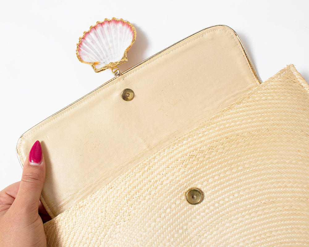 1970s 1980s Gilded Seashell & Wicker Clutch