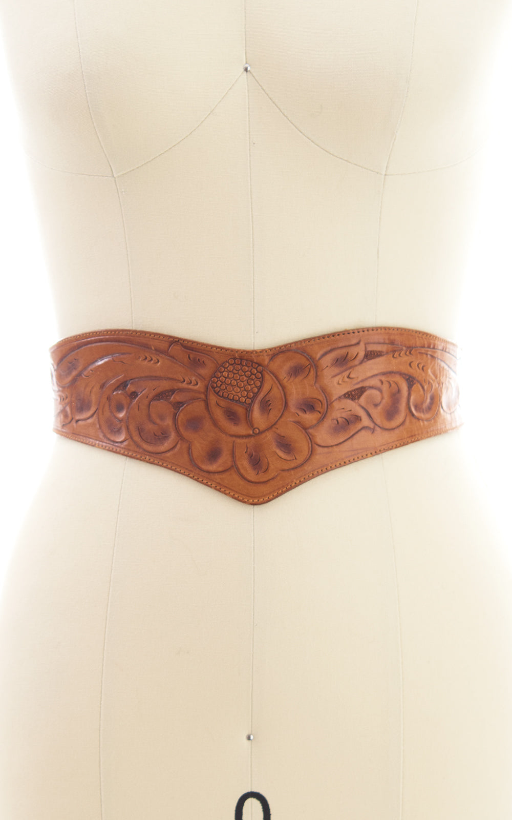 1970s Floral Tooled Leather Double Buckle Cinch Belt