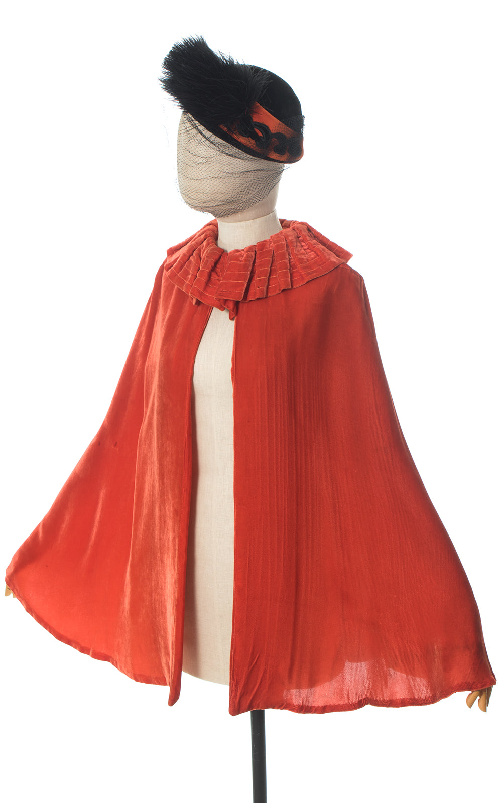 1930s Orange Silk Velvet Cape with Rhinestone Celluloid Clasp