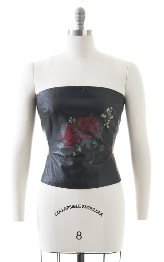 1980s Rose Print Black Leather Tube Top