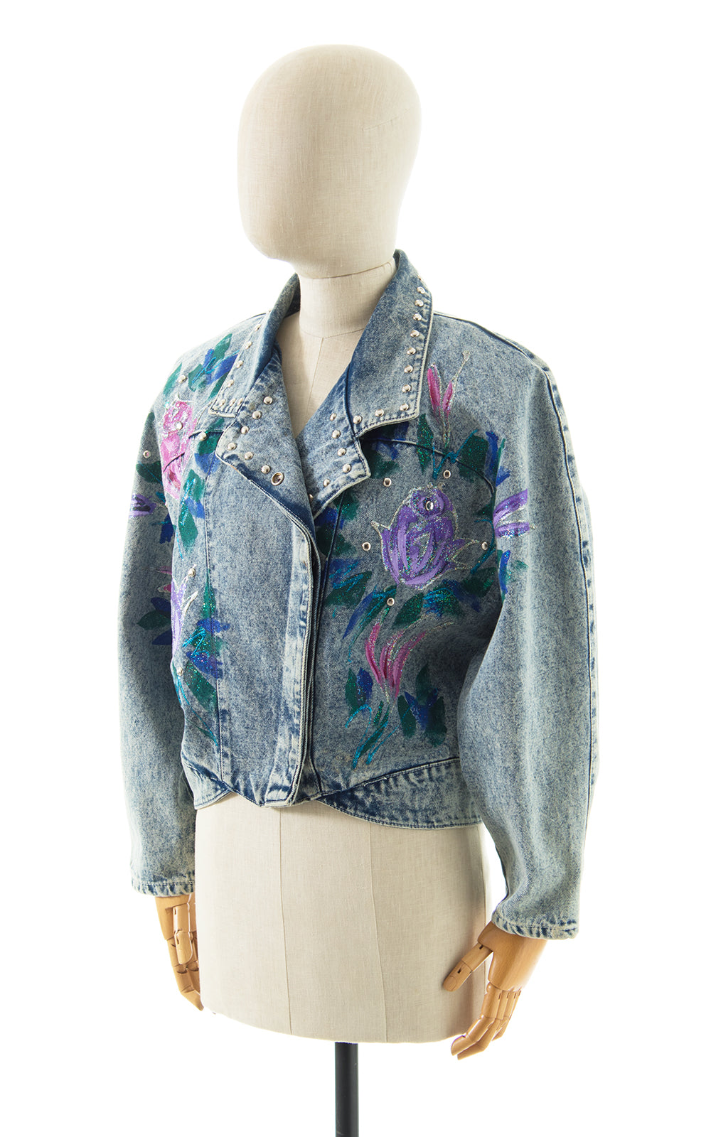 1990s Hand-Painted Glitter Roses Studded Jean Jacket BirthdayLifeVintage