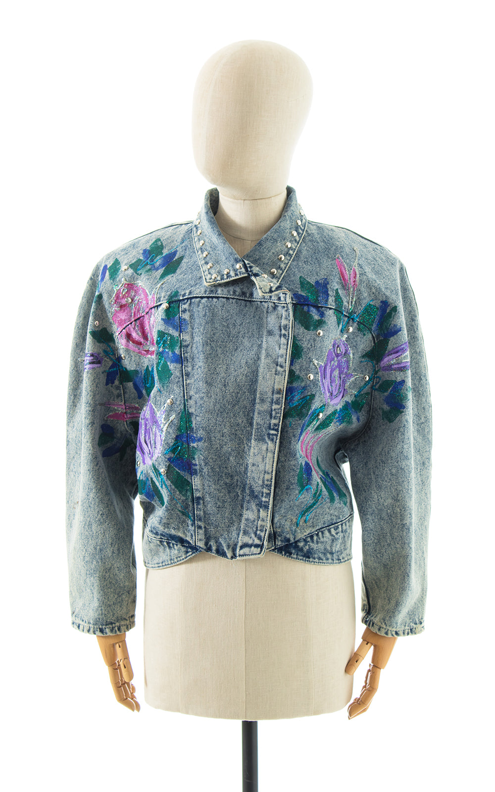 1990s Hand-Painted Glitter Roses Studded Jean Jacket BirthdayLifeVintage