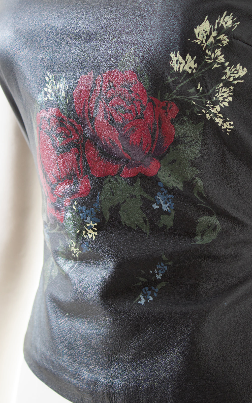 1980s Rose Print Black Leather Tube Top