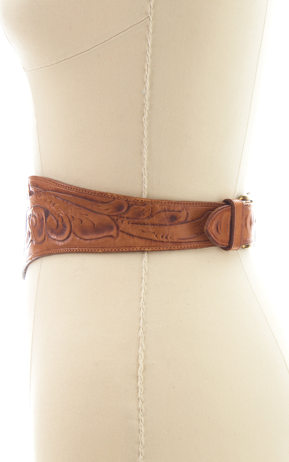 1970s Floral Tooled Leather Double Buckle Cinch Belt