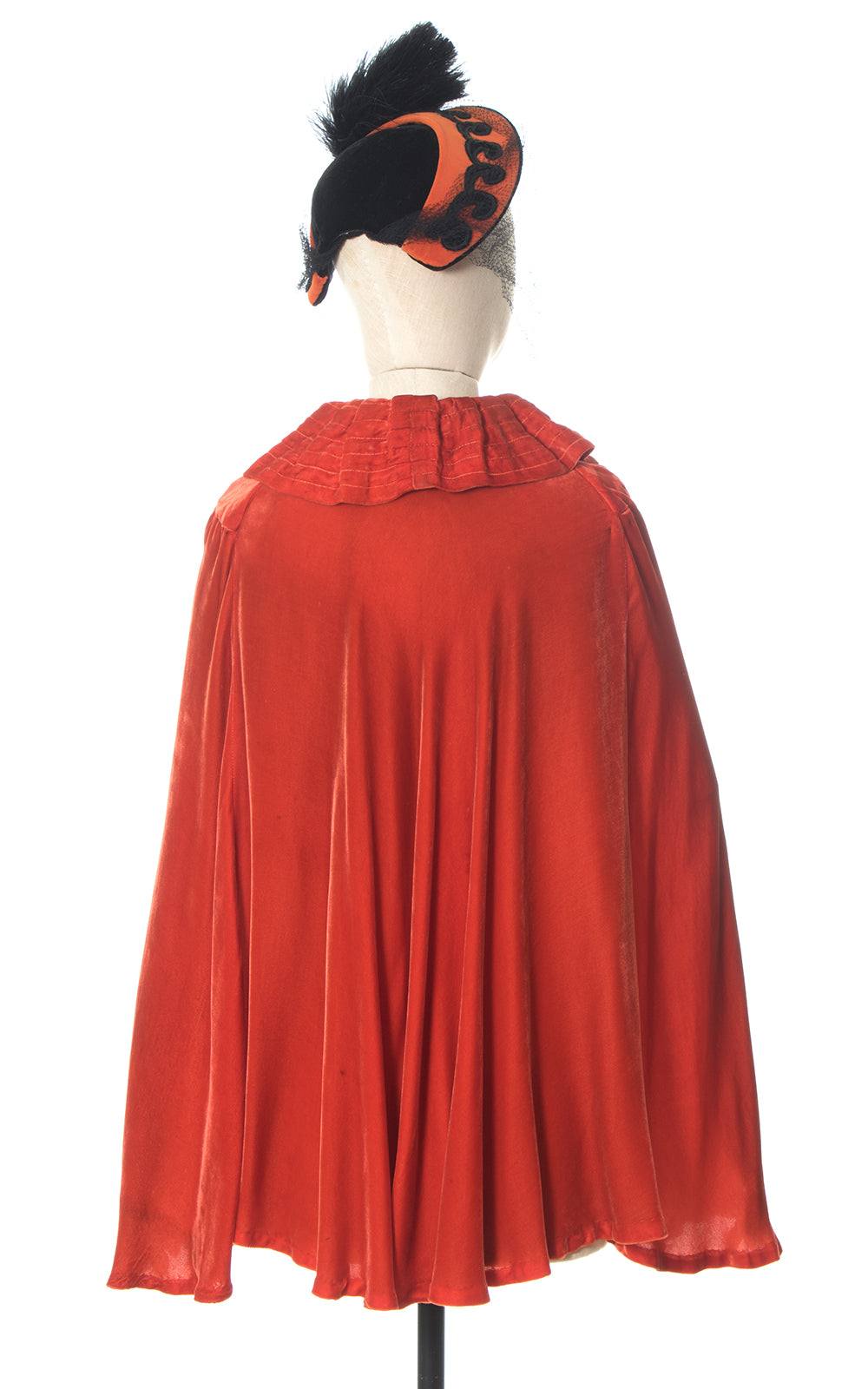 1930s Orange Silk Velvet Cape with Rhinestone Celluloid Clasp