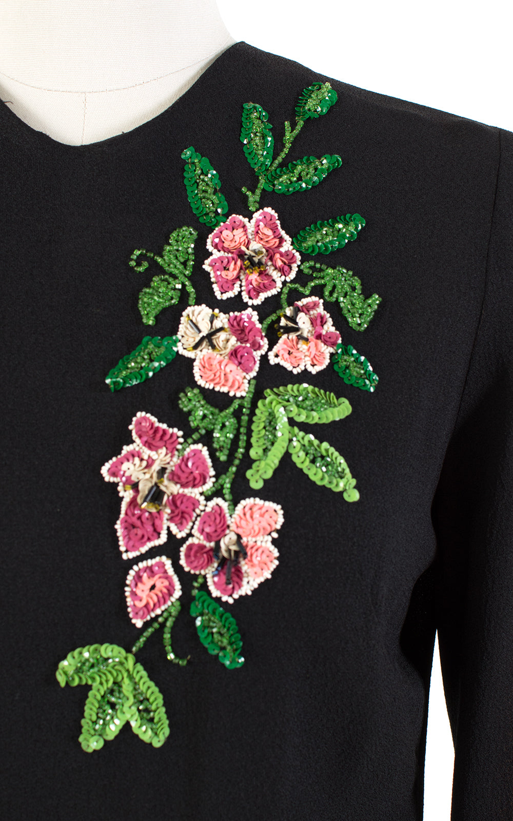 1940s Floral Sequin Beaded Black Rayon Blouse | medium