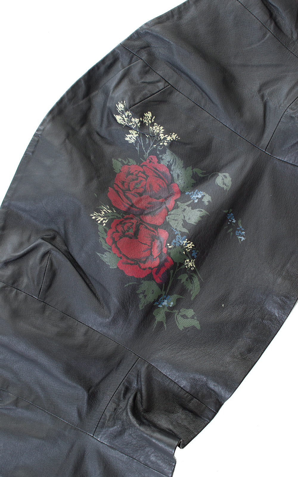 1980s Rose Print Black Leather Tube Top