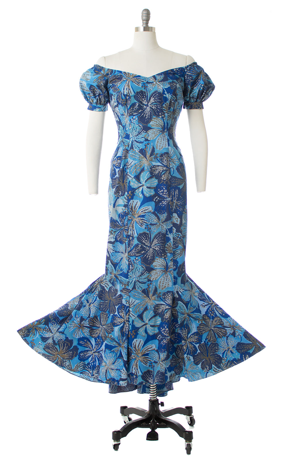 1950s Shaheen Metallic Floral Mermaid Maxi Dress