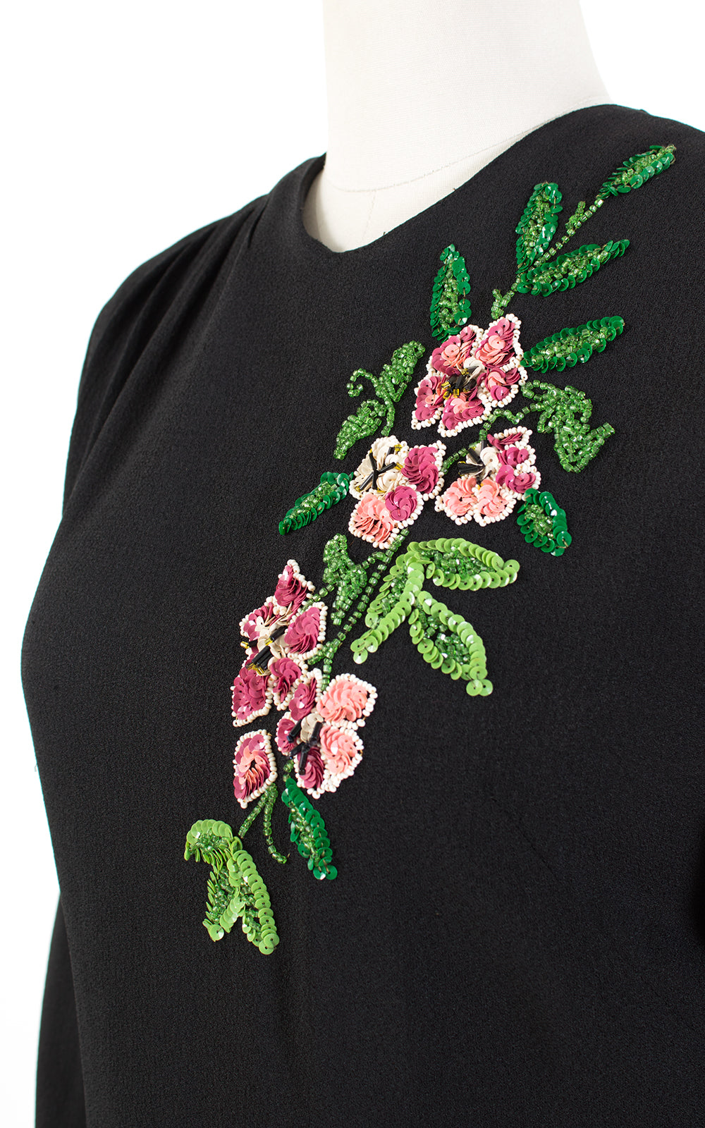 1940s Floral Sequin Beaded Black Rayon Blouse | medium