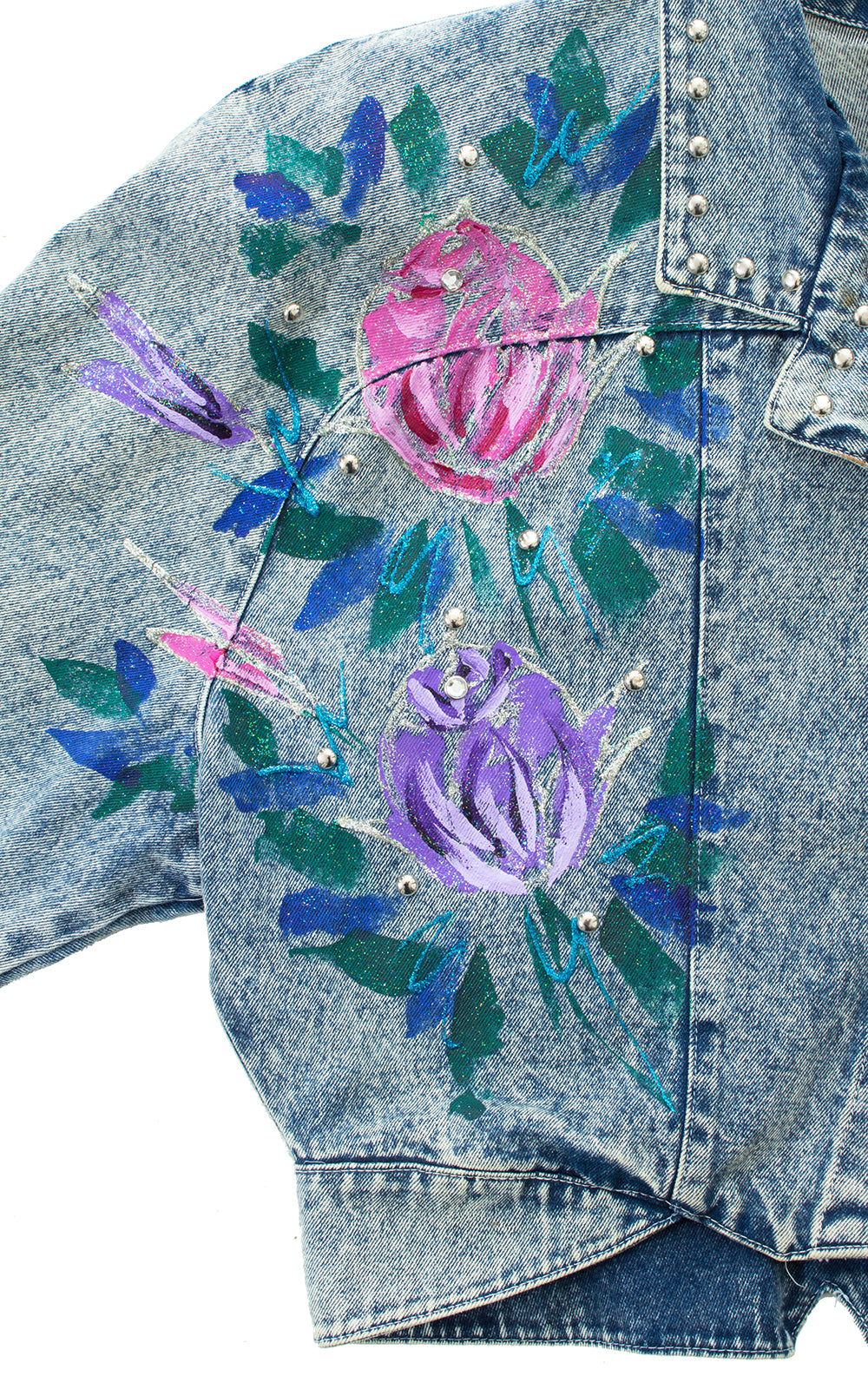 1990s Hand-Painted Glitter Roses Studded Jean Jacket BirthdayLifeVintage