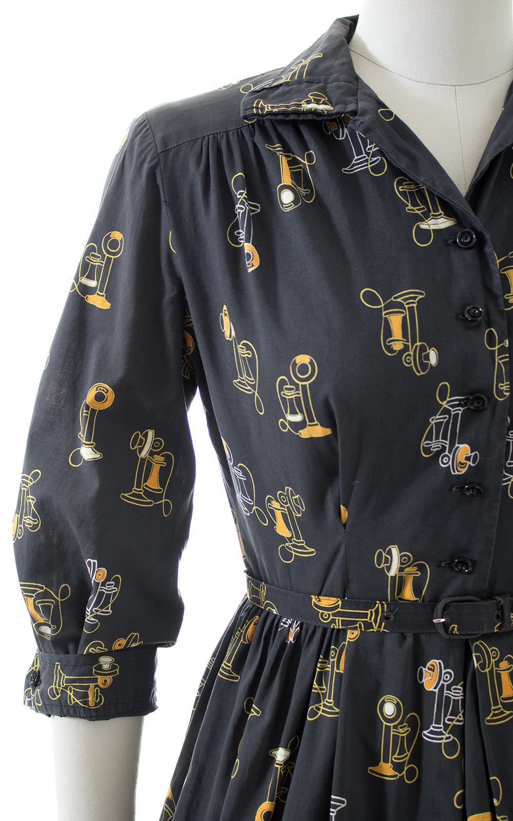 1950s Antique Phone Novelty Print Shirtwaist Dress | small/medium