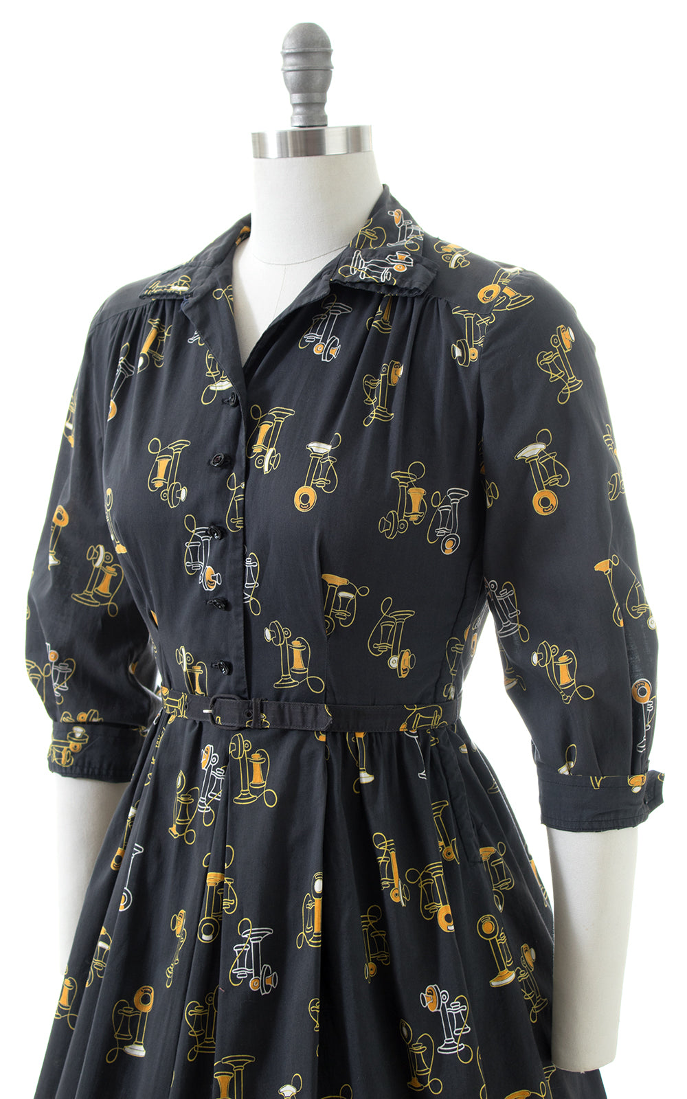 1950s Antique Phone Novelty Print Shirtwaist Dress | small/medium