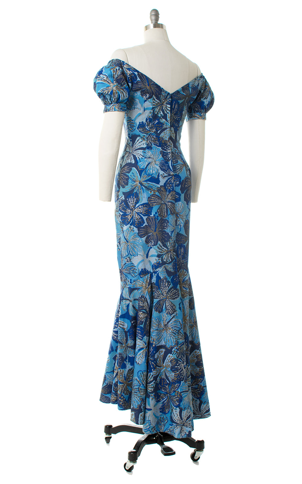 1950s Shaheen Metallic Floral Mermaid Maxi Dress