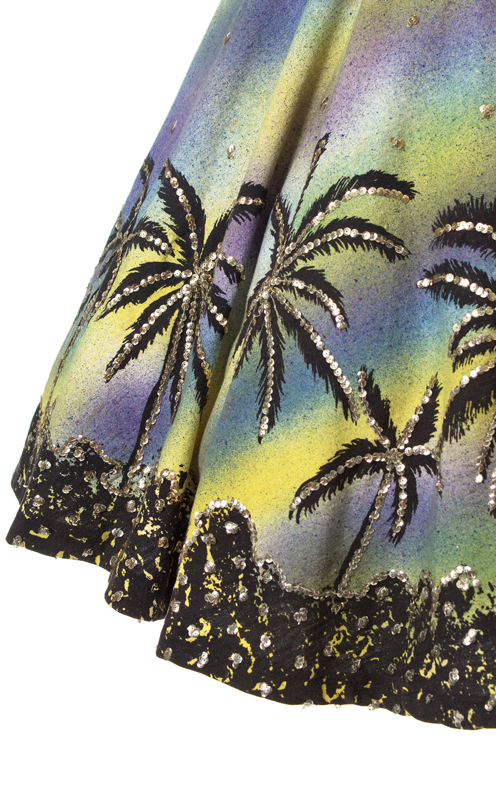 1950s Mexican Sequined Hand-Painted Palm Tree Border Print Striped Cotton Circle Skirt Sundress