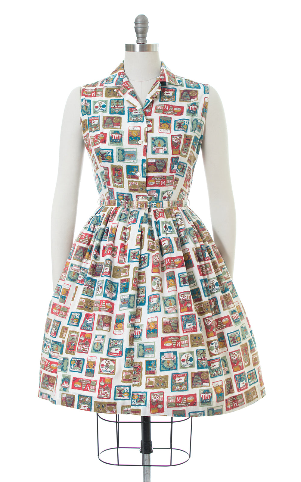 1950s Stamps Novelty Print Cotton Shirt Dress
