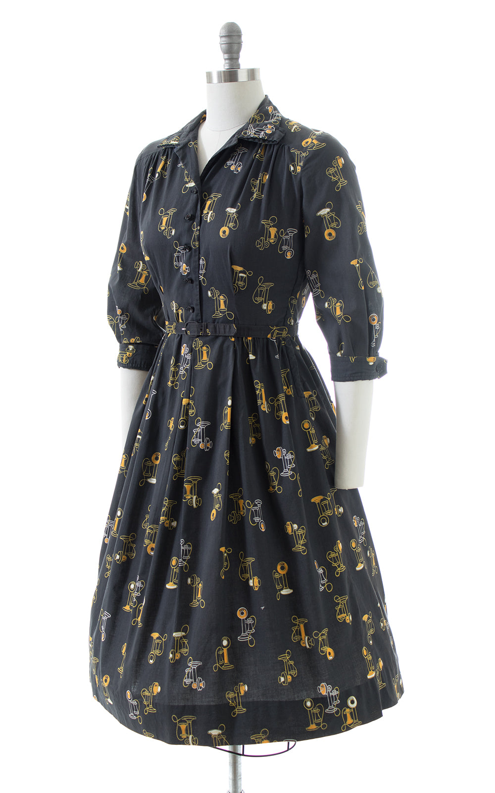 1950s Antique Phone Novelty Print Shirtwaist Dress | small/medium