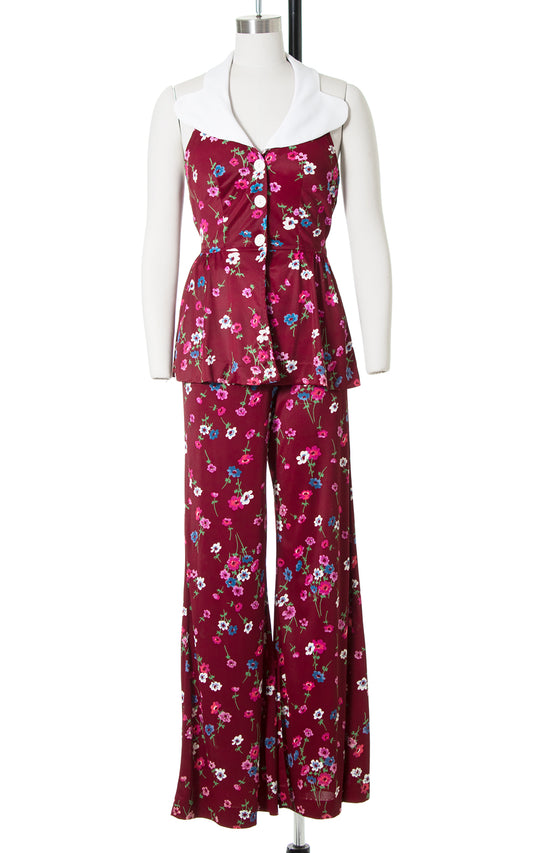 1970s Floral Open Back Halter Top & Pants Set