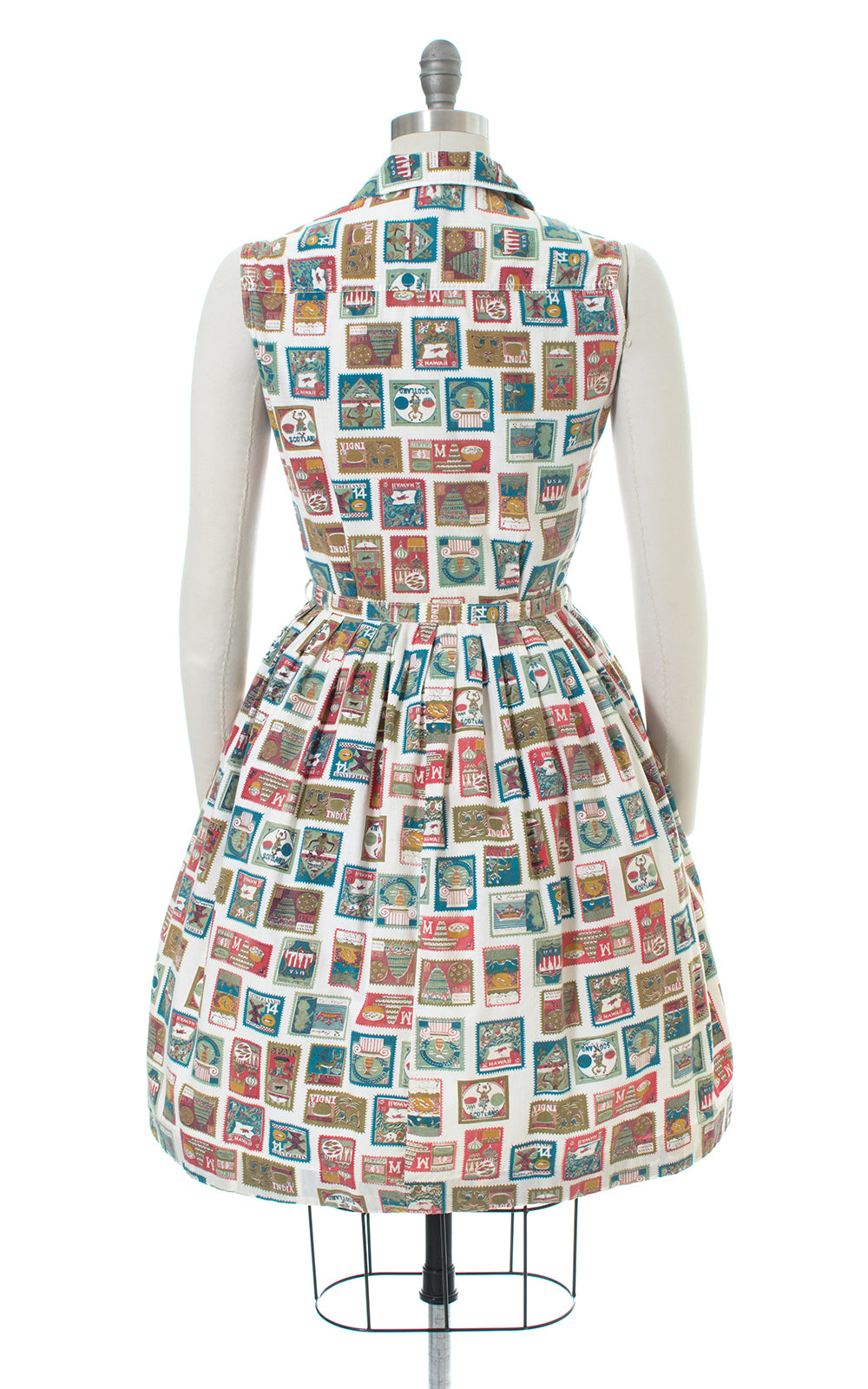 1950s Stamps Novelty Print Cotton Shirt Dress