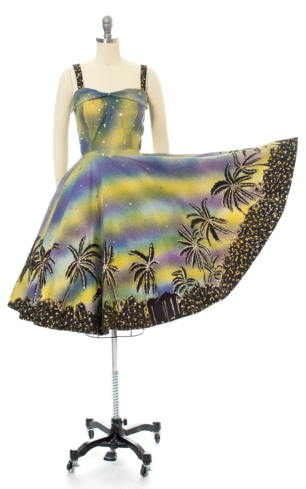 1950s Mexican Sequined Hand-Painted Palm Tree Border Print Striped Cotton Circle Skirt Sundress