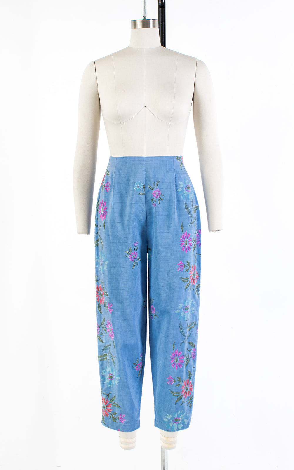 1950s Floral Blue Cotton High Waisted Capri Pants | small