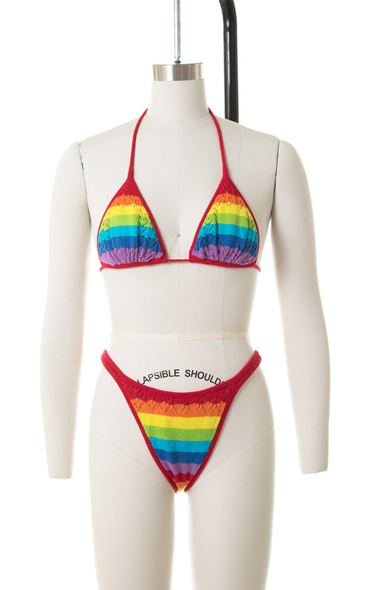 1980s Rainbow Crochet Knit Triangle Halter High Cut Bikini