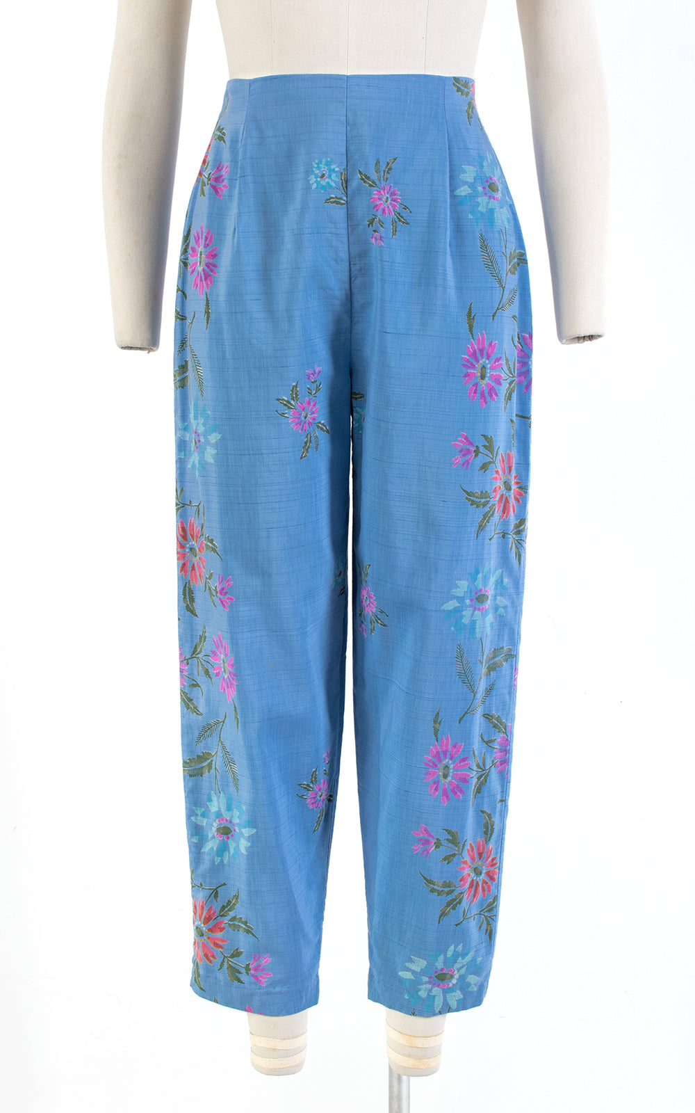 1950s Floral Blue Cotton High Waisted Capri Pants | small