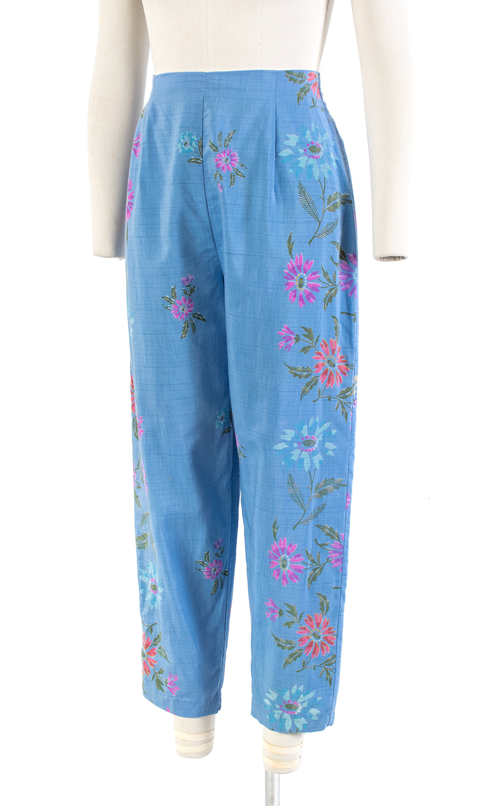 1950s Floral Blue Cotton High Waisted Capri Pants | small