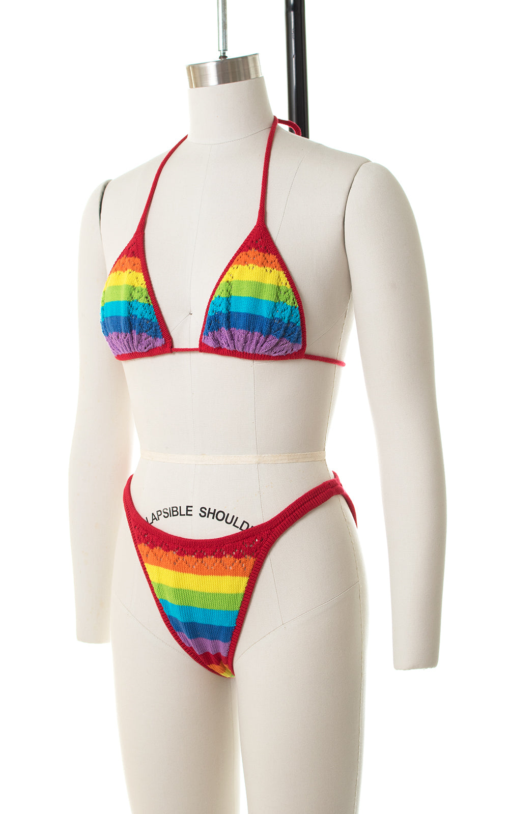 1980s Rainbow Crochet Knit Triangle Halter High Cut Bikini