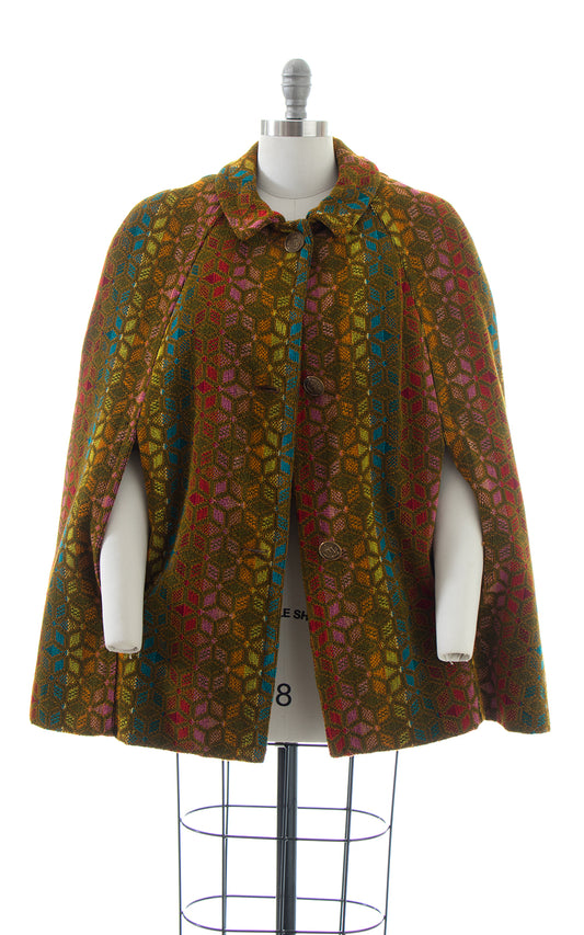 1960s 1970s Rainbow Striped Brocade Cape with Faux Fur Lining