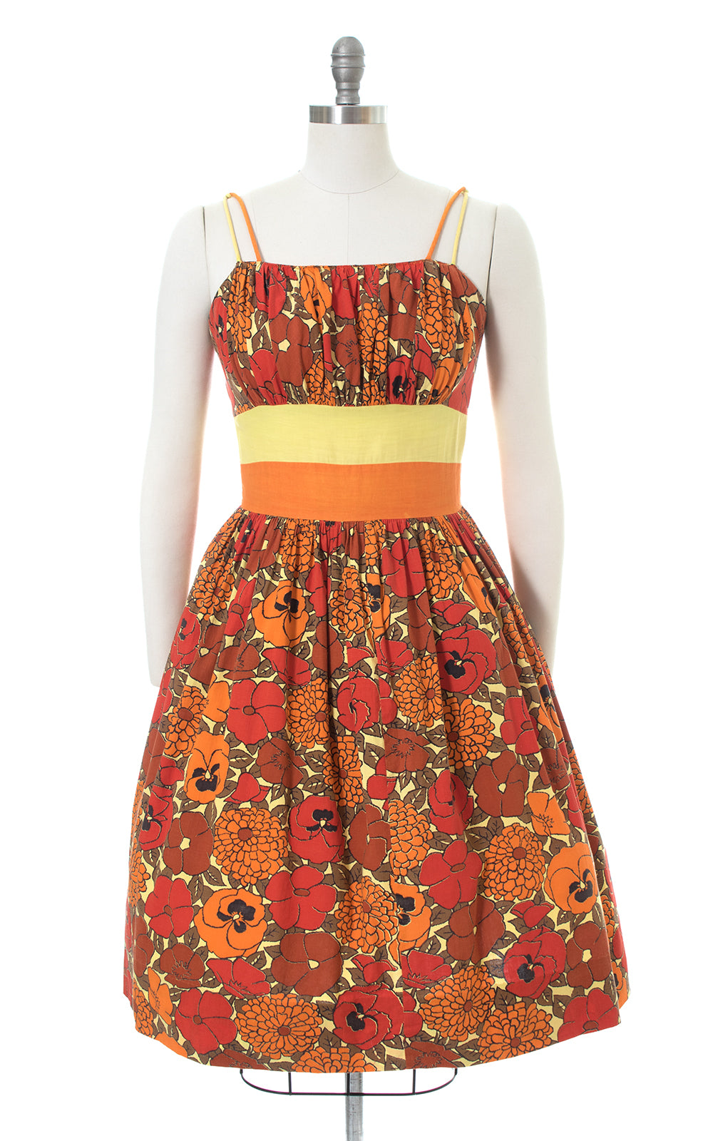 1950s Pansy Floral Color Block Orange Cotton Sundress