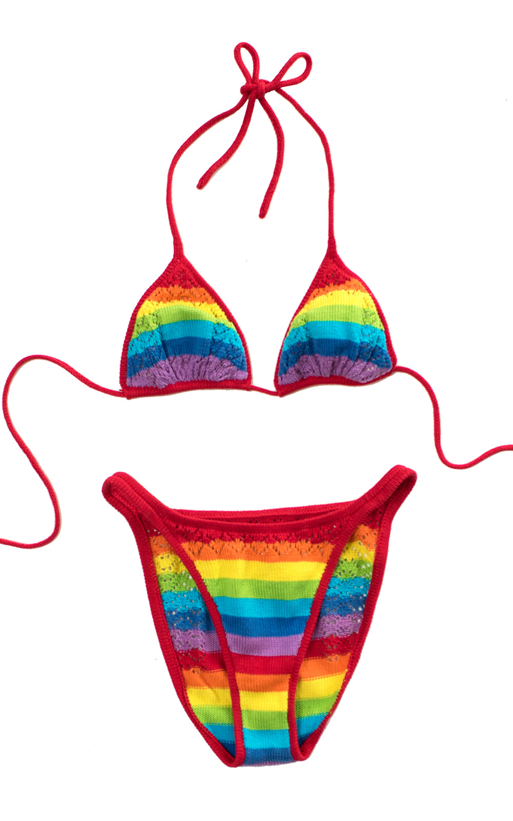 1980s Rainbow Crochet Knit Triangle Halter High Cut Bikini