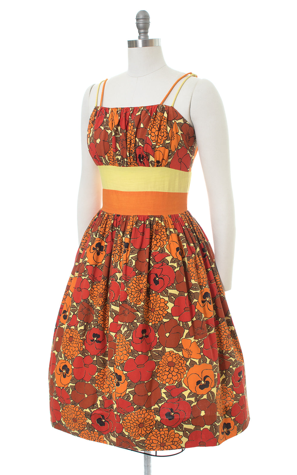 1950s Pansy Floral Color Block Orange Cotton Sundress