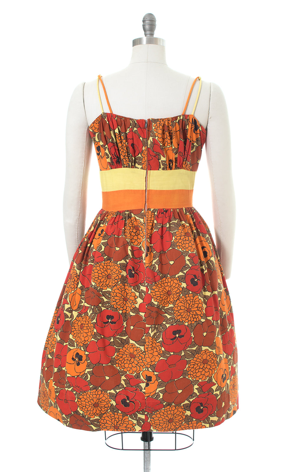 1950s Pansy Floral Color Block Orange Cotton Sundress